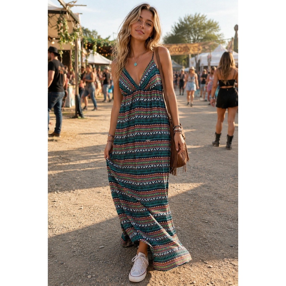 Forever 21 Small Boho Tribal Print Maxi Dress Sleeveless Empire Waist Festival